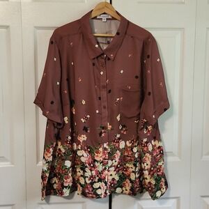 Roaman's Women's Brown & Floral Short Sleeve Button Front Semi-sheer Blouse 30W